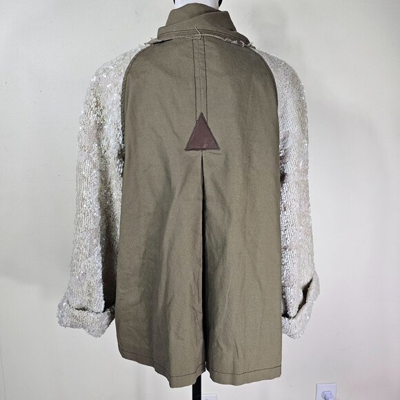 ANTHROPOLOGIE Hei Hei Sequin Sleeve Jacket Sz L Army Green Swing Double Breasted - Picture 3 of 13